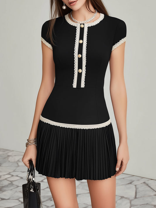 Famous Wear Black Mini Dress with White Lace Trim Gold Button