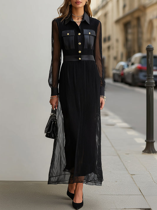 Famous Wear Black Sheer Maxi Dress with Gold Buttons - Long Sleeve