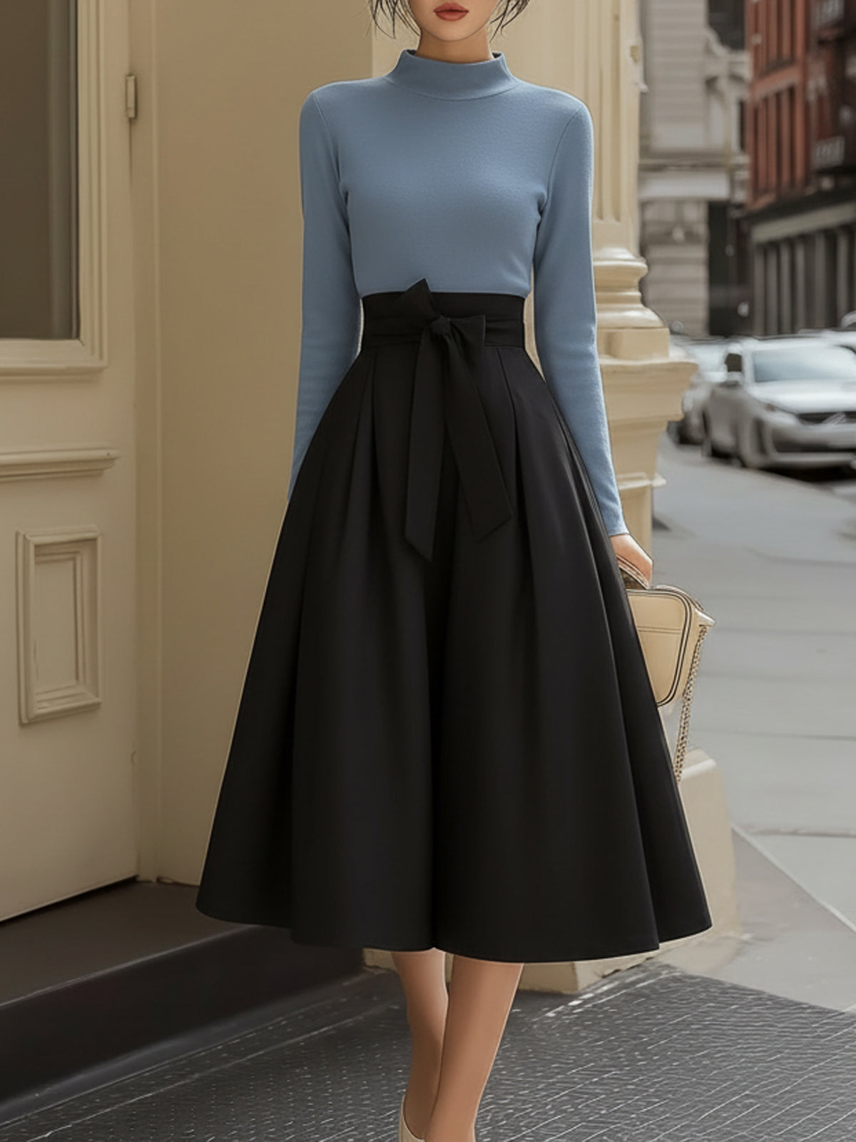 Famous Wear Blue Black Two Piece - Turtleneck Top A-Line Skirt