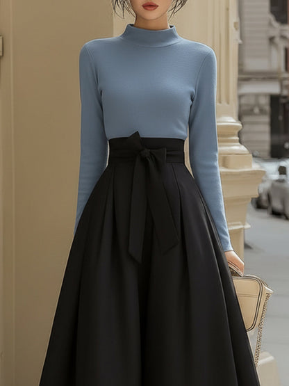 Famous Wear Blue Black Two Piece - Turtleneck Top A-Line Skirt