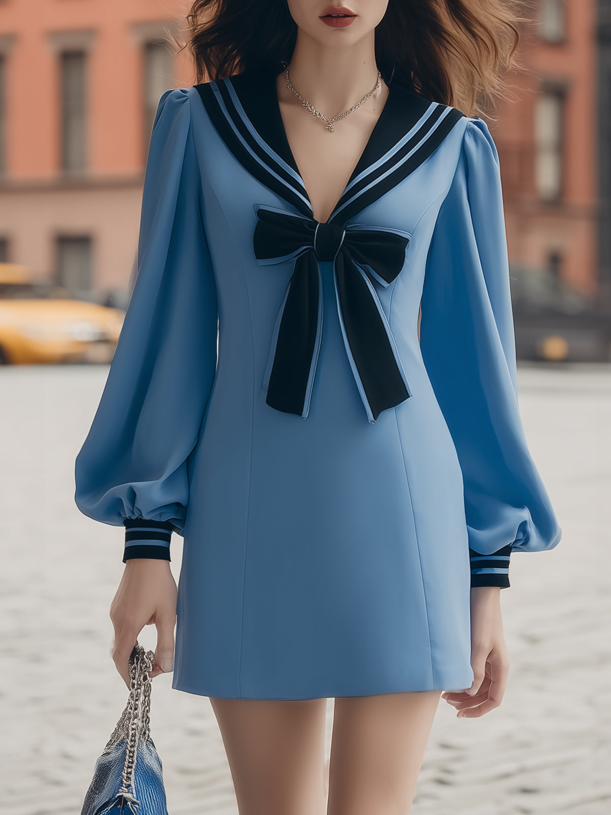 Famous Wear Blue Sailor Collar Mini Dress with Puff Sleeves