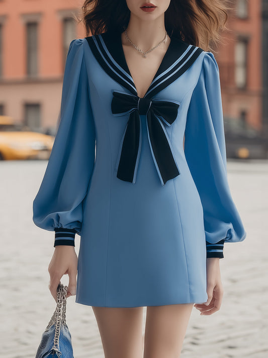 Famous Wear Blue Sailor Collar Mini Dress with Puff Sleeves