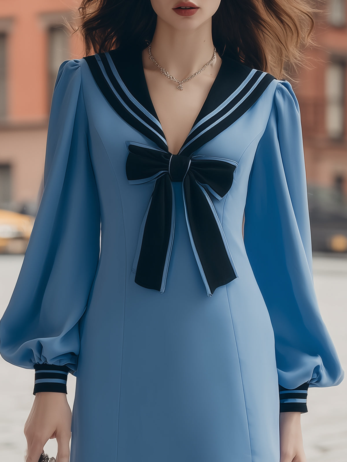 Famous Wear Blue Sailor Collar Mini Dress with Puff Sleeves