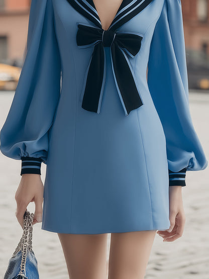 Famous Wear Blue Sailor Collar Mini Dress with Puff Sleeves
