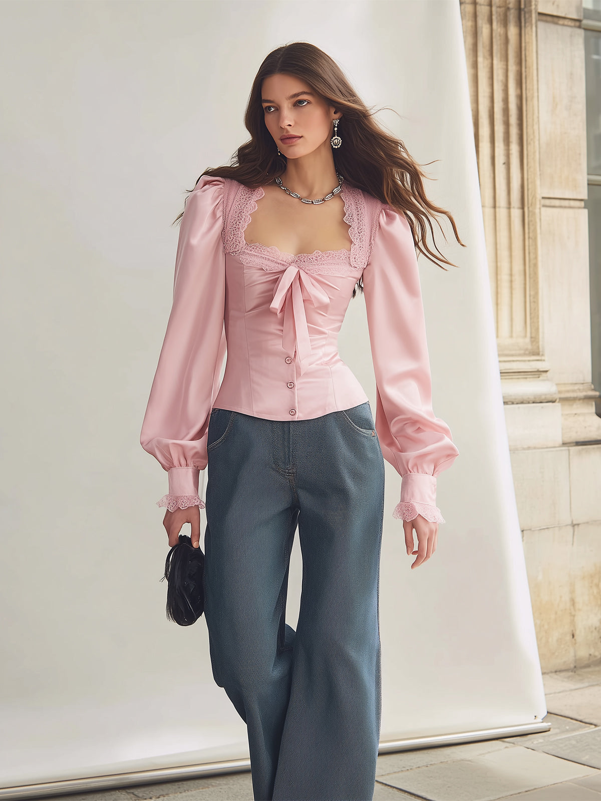 Famous Wear Blush Satin Blouse with Elegant Lace Trim