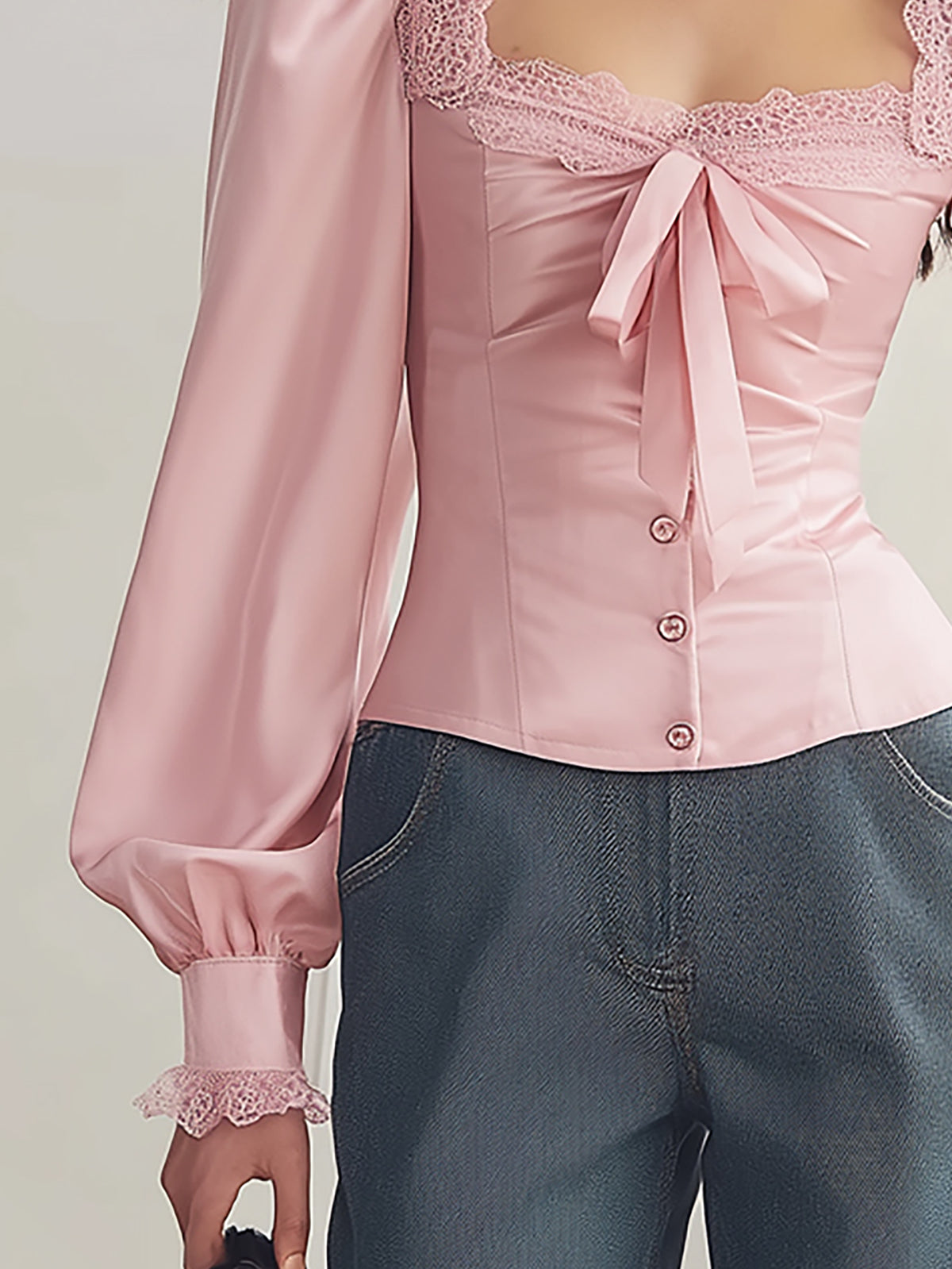 Famous Wear Blush Satin Blouse with Elegant Lace Trim