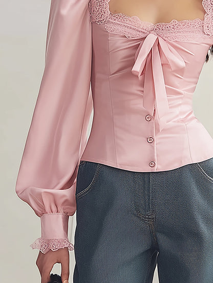 Famous Wear Blush Satin Blouse with Elegant Lace Trim