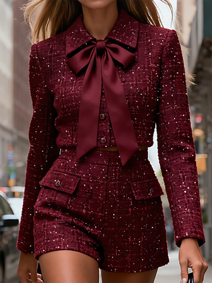 Famous Wear Burgundy Tweed Two Piece Set - Collar Blazer and Shorts