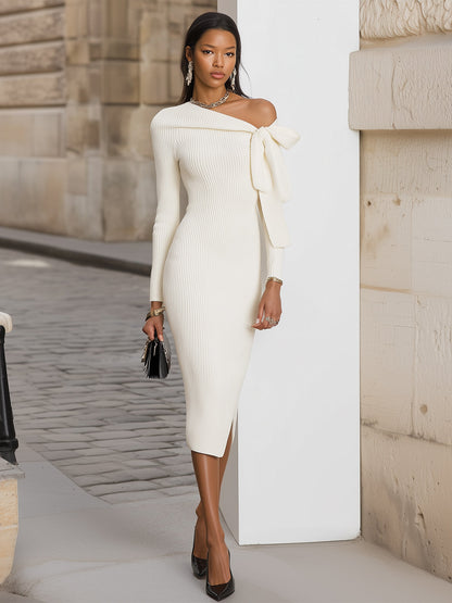 Famous Wear Cream Ribbed Knit Midi Dress One Shoulder Bow Detail