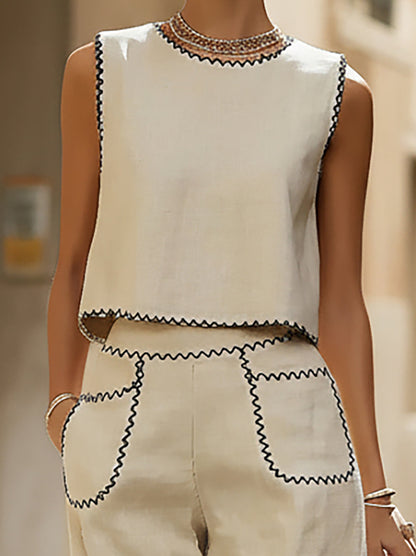 Famous Wear Cream Wide Leg Pants Set with Side Pockets