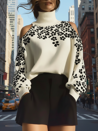 Famous Wear Ivory Cold Shoulder Turtleneck - Bold Black Floral Print