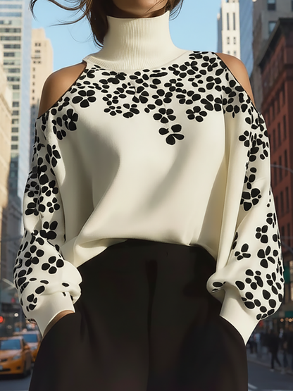 Famous Wear Ivory Cold Shoulder Turtleneck - Bold Black Floral Print
