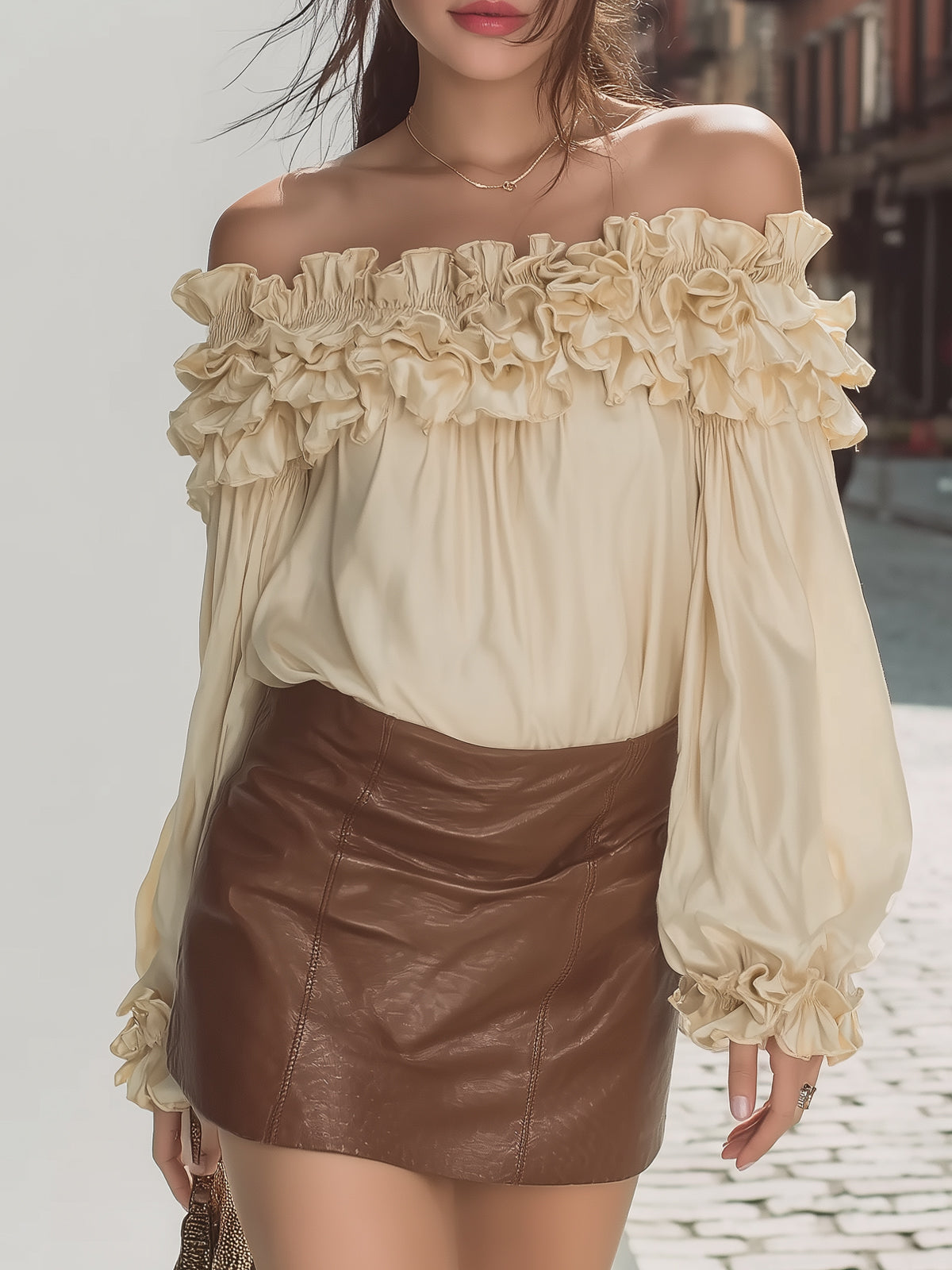 Famous Wear Vintage Off-Shoulder Satin Top - Ruffle Trim & Puff Sleeve
