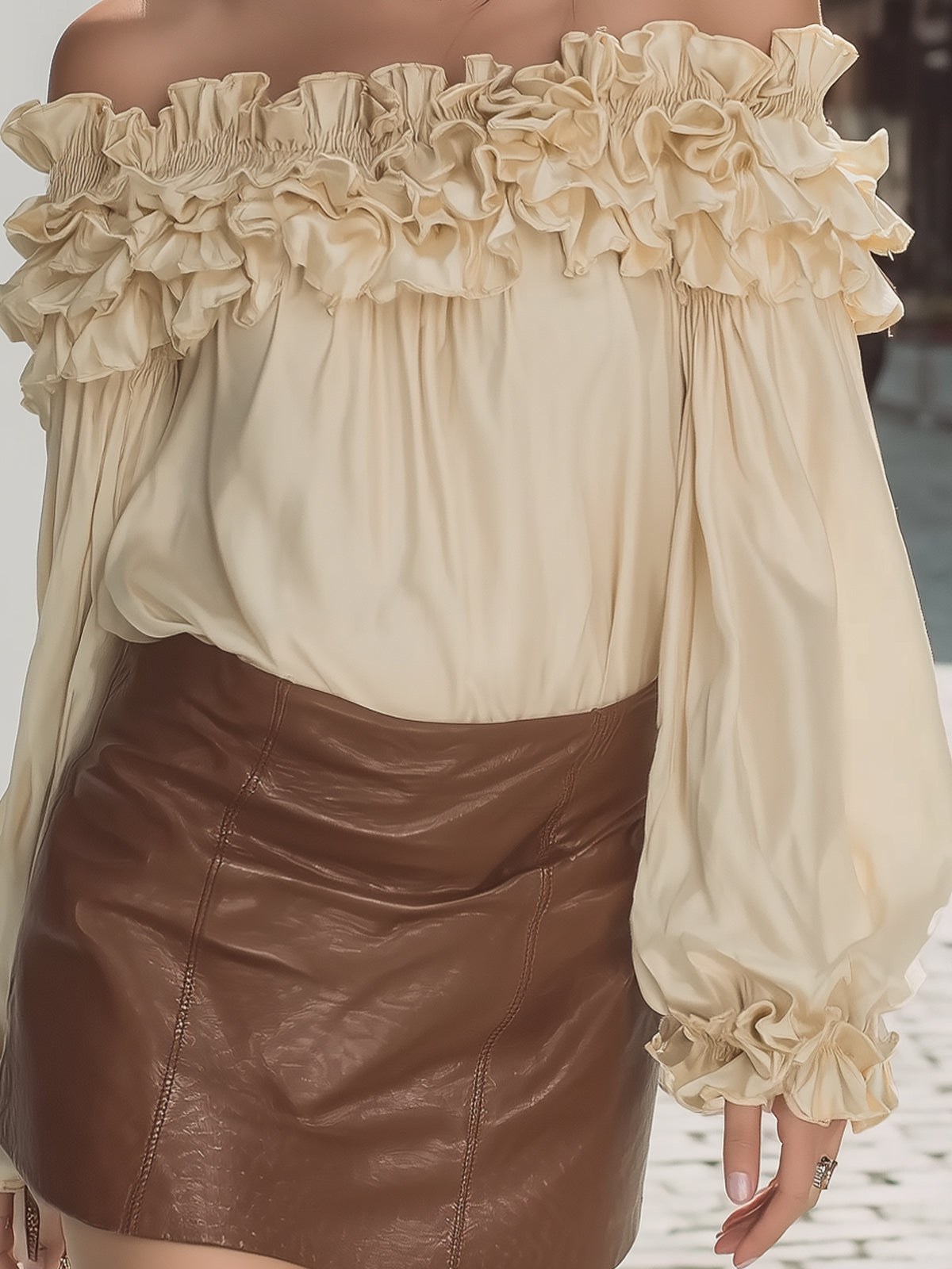 Famous Wear Vintage Off-Shoulder Satin Top - Ruffle Trim & Puff Sleeve