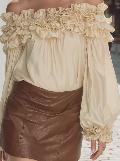 Famous Wear Vintage Off-Shoulder Satin Top - Ruffle Trim & Puff Sleeve