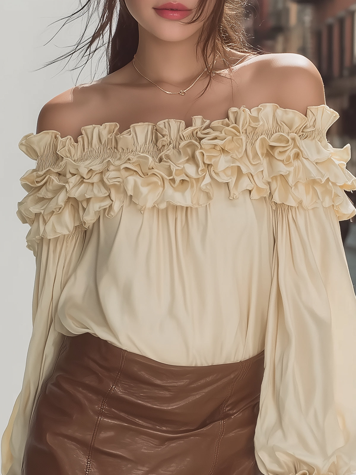 Famous Wear Vintage Off-Shoulder Satin Top - Ruffle Trim & Puff Sleeve