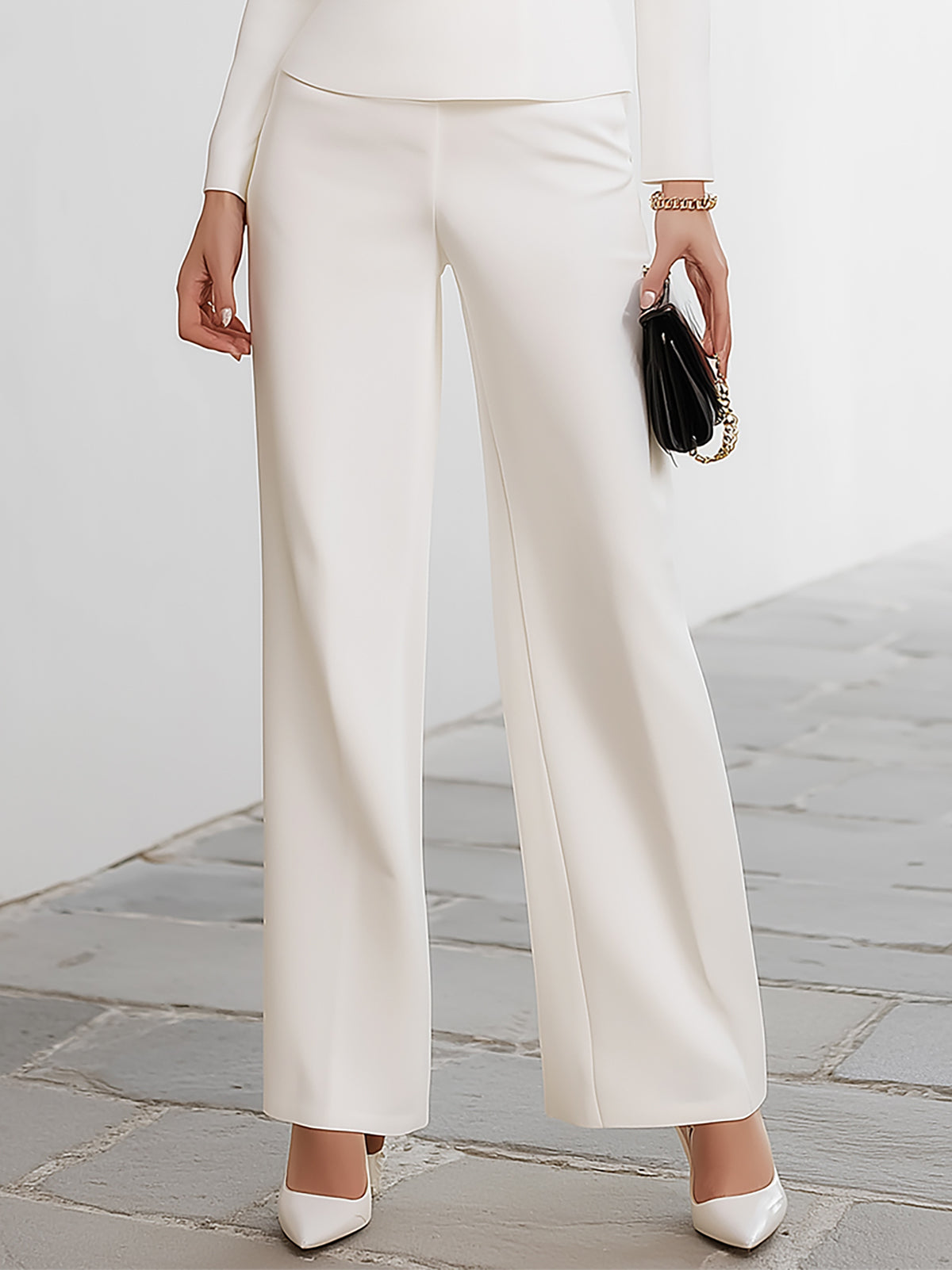 Famous Wear White Cold-Shoulder Blouse and Wide-Leg Trousers Set