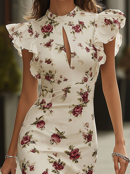 Famous Wear White Floral Print Midi Dress with Ruffle Sleeves