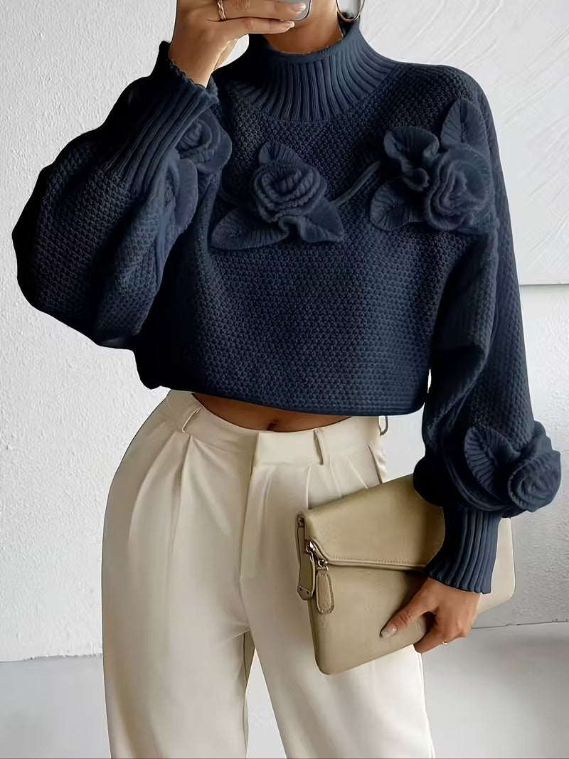 FM- V3 Women’s High Neck Sweater with Flowers